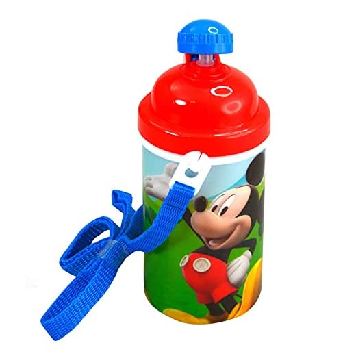 Zak Designs Disney Mickey Mouse One Touch Button Water Bottles with Reusable Built in Straw, Carrying Strap - Safe Approved BPA Free, Easy to Clean, for Kids Girls Boys, Goodies Home Travel