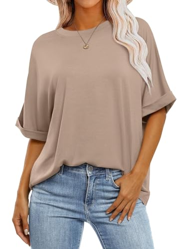 Cuptacc Tshirt Damen Oversize Shirt Damen Oberteile Sommer Rundhals Basic Tank Tops Kurzarm Tunika Elegant Khaki XXL 50-52
