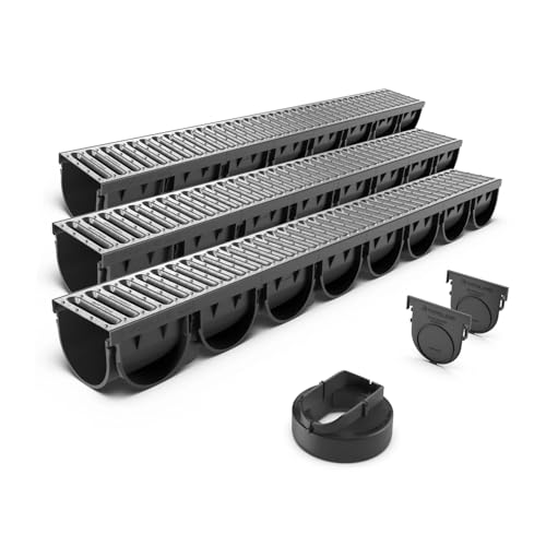 Spark3 Canaletas de Desagüe con Rejilla de Acero - Kit de 3 Metros para Drenaje de Jardín, Aguas Pluviales y Terraza - Canaletas Galvanizadas VODALAND para Recoger Agua de Forma Eficaz y Oculta