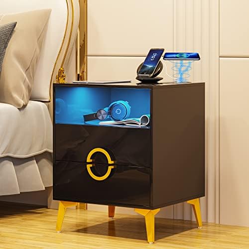 Gurexl Nightstand with Human Body Sensor and Wireless Charging Station for Bedroom Furniture,Auto Sensor LED 3 Color Dimmable High Gloss Black Modern Bedside Table Night Stand with 2 Sliding Drawers