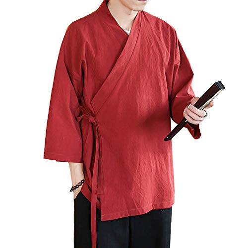 Image of Men's Chinese Style Linen Cardigan Jacket loose kimono Jacket Solid Color Self-tie Hanfu Traditional Clothing
