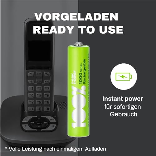 PeakPower Akku AAA für Telefon, 4 Stück Batterien AAA wiederaufladbar 1,2V, ideal für Panasonic schnurlose Telefone etc., kein Memory-Effekt, geringe Selbstentladung, AAA Akku Phone 800mAh