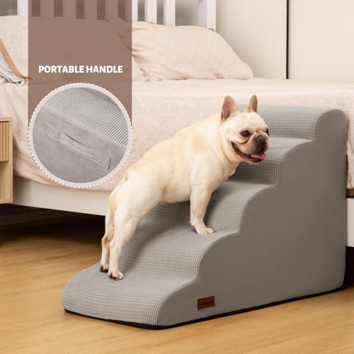 Image of Aodisman Dog Stairs for High Bed,5-Step Pet Ramp for Small Dogs and Cats | 22.2 inch H Dog Steps for Bed with High-Density Foam, Help Olders,Short-Legged Dogs,Puppy and Cats Get on Beds Easily,Light Grey