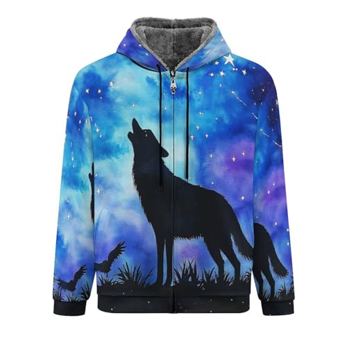 Sweat à capuche imprimé loup hurlant en polaire épaisse bleu et violet