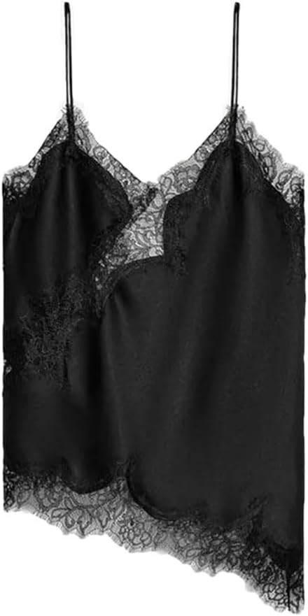 Women’S Casual Solid Lace Spaghetti Strap Top With Patchwork Irregular Hole Decoration