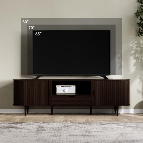 Image of DHH 71 inch Fluted TV Stand with Power Outlet for TVs up to 80 inch, TV Console with Adjustable Shelves and Sliding Door,Mid Century Modern Entertainment Center for Living Room,Bedroom (Dark Walnut)