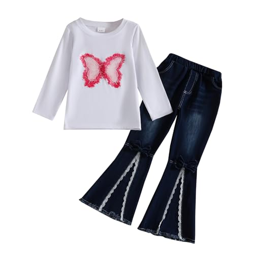 Image of Toddler Girl Clothes Long Sleeve Cartoon & Letter Graphic Top + Fruit Stationery Print Flared Leg Pants