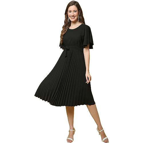 Image of Fabflee Women's Polyester A-Line Standard Length Dress (FB-P1-Pleated-204 M Black M)