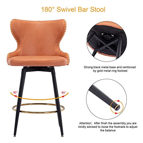 Counter Height Bar Stools Set Of 2, 180°Swivel Bar Stools With Back And Nailhead Trim,25 Inch Leathaire Fabric Counter Stool, Upholstered Barstools For Kitchen Island, Home Bar, Pub,Orange #TOP5