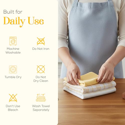 Image of Kitchen Towels Set of 4 Dish Towels Yellow n White Waffle Weave Cotton Hand Towels, 18 x 28 Absorbent Kitchen Linens