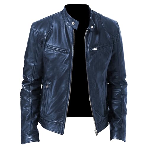 Manteau bomber en similicuir bleu foncé slim pour homme au quotidien style urbain