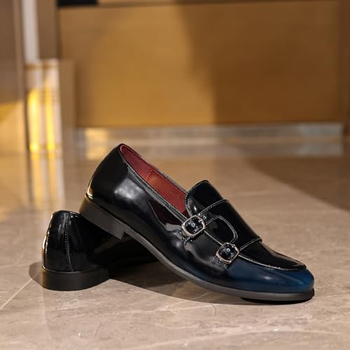Santimon Men's Double Buckle Patent Leather Loafers Sleek Slip-On Modern Monk Strap Shoes Elegant Casual & Formal Shoes3