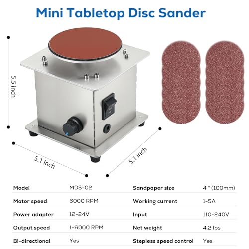 Image of Mini Tabletop Disc Sander, 4 inch Electric Bench Sanding Machine with 20 Sandpapers, Stepless Speed Control 0-6000 RPM, Forward /Reverse Switch, DIY Woodworking & Craft Tool