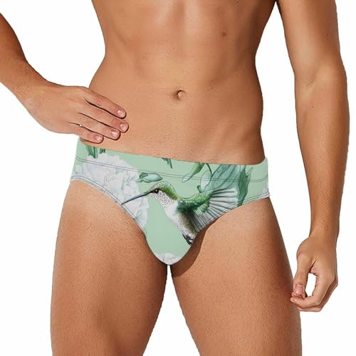 Hummingbird White Carnation Flowers Printed Swim Briefs for Men Sexy Bikini Swimwear Elastic Beach Trunks Bathing Suit