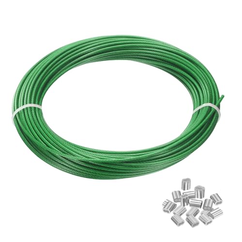 Cable de acero inoxidable de 1/16" recubierto en vinilo verde de 20 metros con manguitos