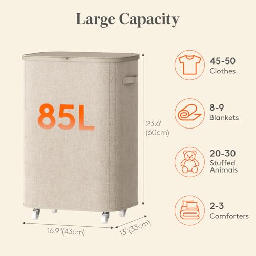Image of Lifewit 85L Plastic Laundry Basket with Lid, Large Clothes Hamper with Wheels and Removable Bag, Tall Collapsible Rolling Storage Bin for Dorm Bedroom Bathroom, Beige