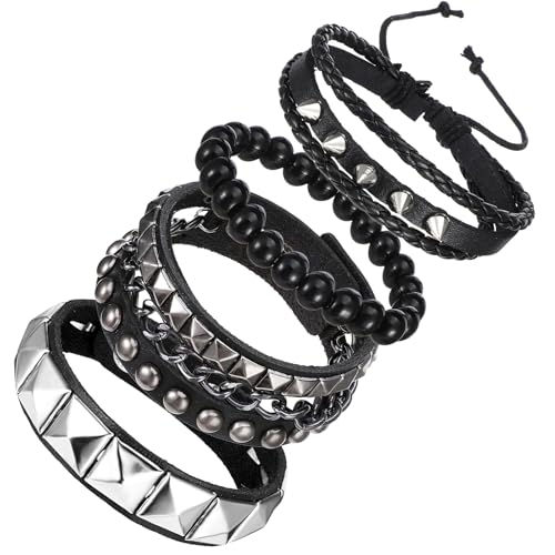 4 Stück Studded Bracelet Punk Nietenarmband Nieten Armband Besetztes Lederarmband Schwarz Rock Gothic Armbänder Armreif für Herren Damen Schmuck Leder Schwarzes Mit Spikes für Weihnachten Konzert