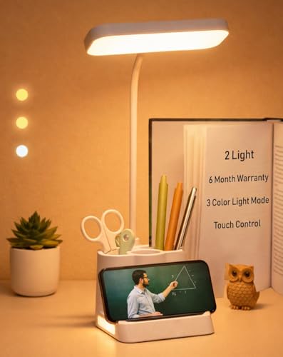 Image of SaleOn Rechargeable LED Study Lamp with Pen Stand & Mobile Holder | Touch Control Table Lamp with 3 Light Modes for Study Desk, Bedside, Office | USB Charging (Rectangular with 3 Pot)