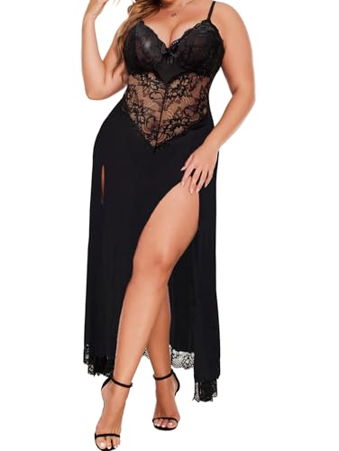 Image of Alrovetoney Plus Size Lingerie For Women Babydoll Sexy Mesh Maxi Nightdress Exotic Sleepwear Side Slits