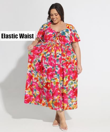 Image of CARCOS Plus Size Dresses for Curvy Women Tie Sweetheart Neck Summer Maxi Dress Short Sleeve Empire Waist Floral Boho Dress