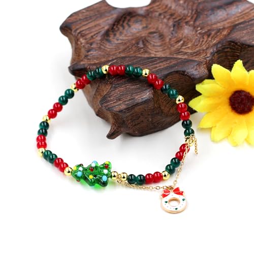 Image of Girls Green Christmas Tree Charm and Christmas Bell Pendant /3 Layers Wrapped Chain Santa Claus Pendant Bracelet for Daughter Sister Girlfriend Female Christmas Boutique Jewelry