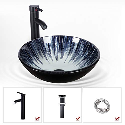 16.5 Inch Bathroom Vessel Sink Bowl and Faucet Combo - Oil Rubbed Bronze Faucet and Pop Up Drain - Tempered Glass