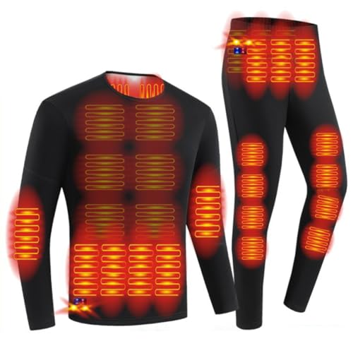Gueploer Biancheria Intima Riscaldata A 30 Aree per Uomo, Set di Baselayer Termico Elettrico Invernale Camicia E Pantaloni Riscaldanti con Doppio Interruttore,Nero,L