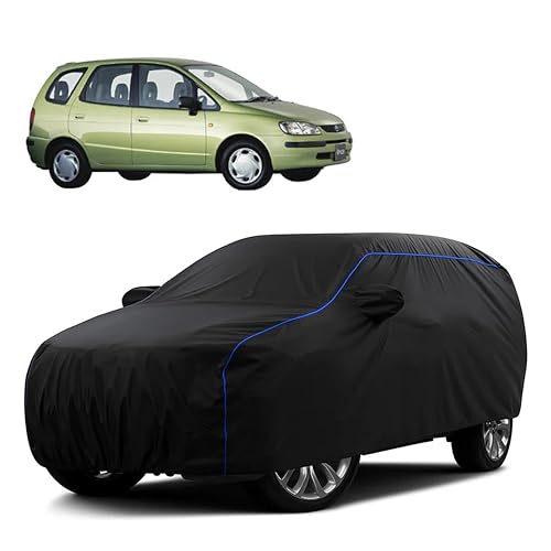 Image of Sulfar 100% Water Resistant Car Body Cover Compatible with Mirror for Toyota Spacio (Triple Stitched, Full Bottom Elastic, Black Tafetta with Blue Piping)