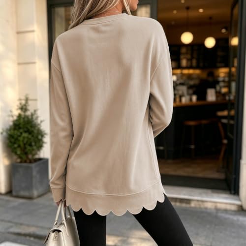 VBTAPA Womens Hoodie Womens Oversized Sweatshirt Dressy Casual Crew Neck Sweatshirts Fall Cute Lightweight Scalloped Pullover Daily 2026 Khaki S - image 5