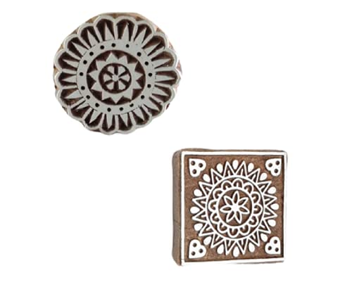 Taj Handicraft Hand-Craved Wooden Fabric Printing Stamp Block for Henna, Cookies, Clay, Tattoo, Pottery, Textile Print, (Size - 2 Inch) | Set of 2 - K2