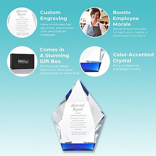 Baudville Engraved 8" Crystal Trophy Blue Diamond - Engraved Trophy - for Employees - Personalized Engraving