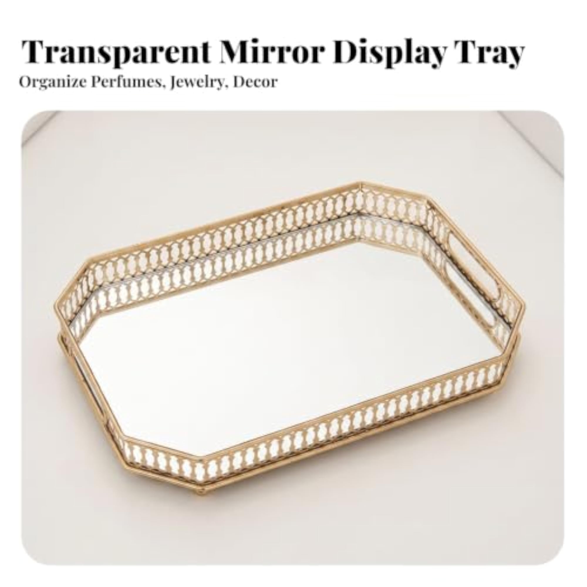 Gold Tray with Mirrored Glass Base, Decorative Vanity Tray