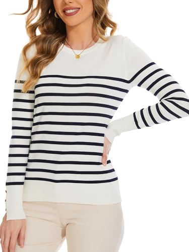 Image of Sweaters for Women Striped Crew Neck Pullover Sweater Lightweight Long Sleeve Fall Knit Tops
