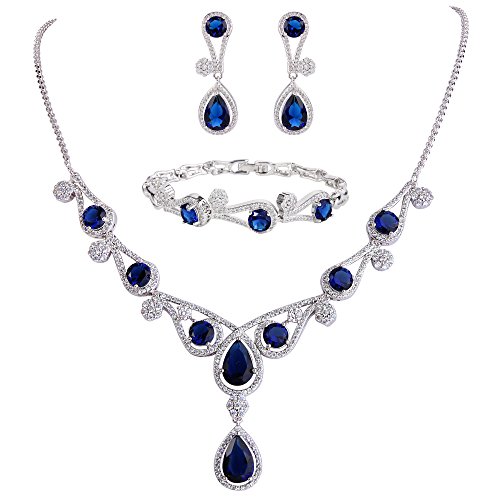 EVER FAITH Women's CZ Lots Hollow-Out Teardrop Necklace Earrings Bracelet Set Blue Silver-Tone