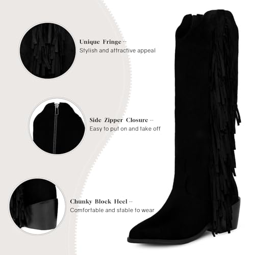 Image of KiutSymo Cowgirl Fringe Boots For Women White Tassels Cowboy Boots Knee High Pointed Toe Western Boots