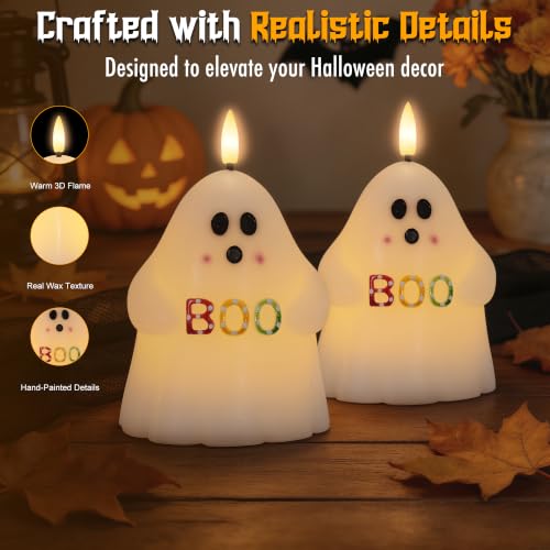 Image of Ghost Halloween Flameless Candles with BOO, Remote Timer Battery Operated | Flickering LED Candles, Spooky Cute Halloween Decor, Real Wax, Hand Painted, Table Home Party Festival Decoration Gift, 2Pack