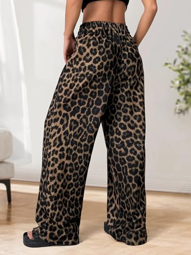 Womens Leopard Print Pants Drawstring Elastic Waist Straight Leg Lounge Pants Y2K Cheetah Pajama Trousers with Pockets2