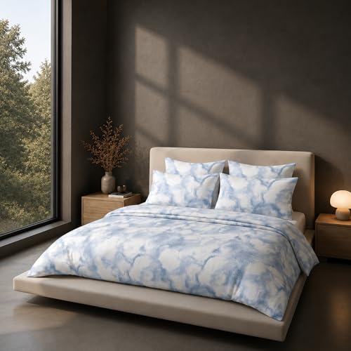 Image of VELOURA Tie-Dye Bedsheet Set, 100% Cotton, King Size 108x108 Inches, 300 Thread Count, with 2 Pillow Covers, Blue