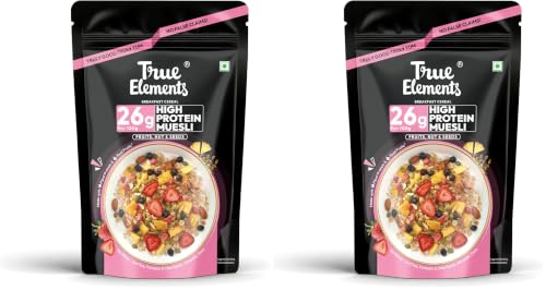 Image of True Elements High Protein Muesli 400g | 26g Protein | Fruit,Nuts & Seeds | Healthy Breakfast Cereal | Rich in Nuts, Seeds & Wholegrains | No Added Preservatives (Pack of 2)