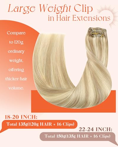 Image of Sunny Hair Clip in Hair Extensions Real Human Hair Blonde Highlights 135g | Honey Blonde Double Weft Remy Hair Extensions Clip Ins Add Amplified Fullness and Firm Structure for Concert Hair 20 Inch