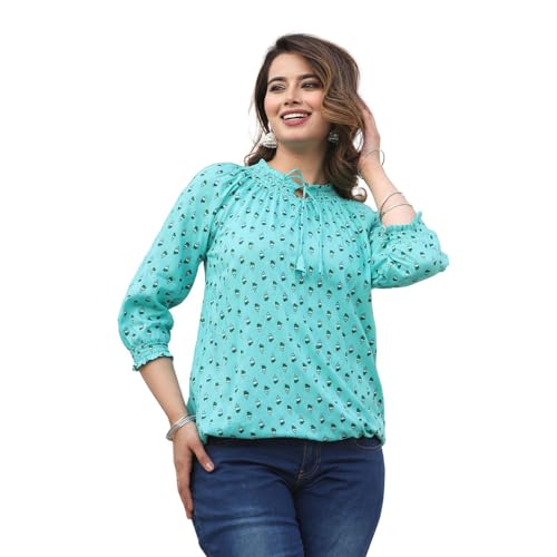 Image of Himanshi Enterprises Women's Traditional Casual 3 /4 Sleeves Mandarin Nack Rayon Floral Printed Short Kurti