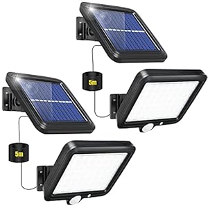 【2 stuks】Zonnelampen voor buiten met bewegingsmelder, 56 leds, buitenlamp op zonne-energie met bewegingsmelder, IP65 waterdicht, 120 graden verlichtingshoek, zonnelamp met 16,5 ft kabel
