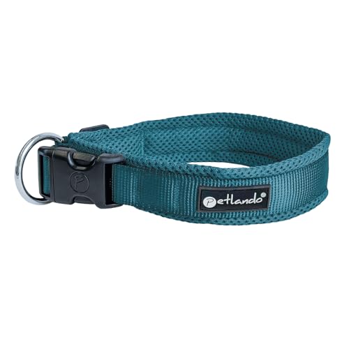 Petlando Mesh Hundehalsband – leicht, atmungsaktiv, weich mit Mesh gepolstert, stufenlos verstellbar, robust & strapazierfähig mit O-Ring – Halsband Hund S 40-45cm, Petrol