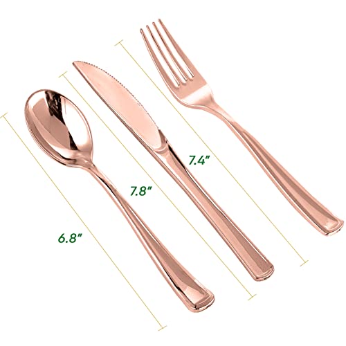 FOCUSLINE 75 Pack Rose Gold Plastic Silverware Disposable Cutlery Set - 25 Forks Knives Spoons - Disposable Flatware Heavy Duty Plastic Utensils Set for Catering, Parties, Dinners, Weddings