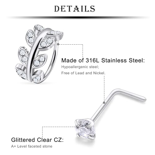 Kridzisw 18G Nose Rings Hoops Studs Piercing Jewelry for Women 18 Gauge Stainless Surgical Steel L Shaped Bend Screw Nose Ring Hoop Nose Rings Stud Nostril Piercing Jewelry Men Silver 2mm CZ Diamond - Image 7