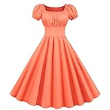 Womens Cocktail Party Swing Dress Pleated Square Neck 1950s Dresses for Women Vintage Rockabilly Audrey Hepburn Dress Orange