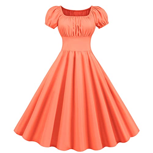 Swingkleid Damen 50er Rockabilly Petticoatkleid Retro Einfarbiges A-Linie Kleid Quadratischer Hals Puffärmel Sommerkleid Tunikakleid Kniehohes...