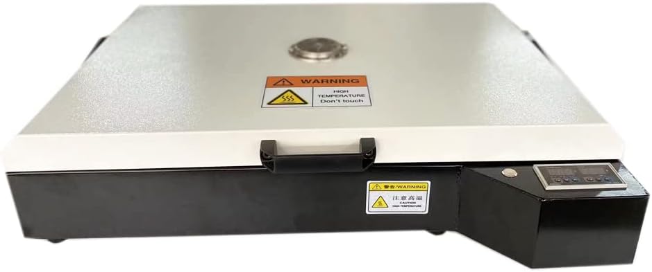 Top view of the DTF Curing Oven with the lid closed, showing the high temperature warning label.