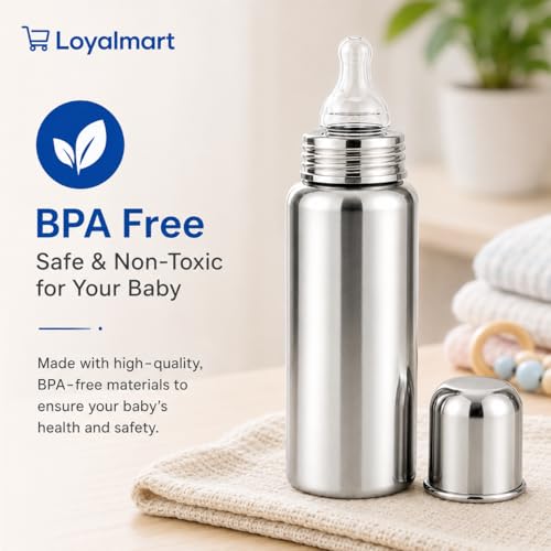 Image of Stainless Steel Baby Feeding Bottle Baby Feeder 250ml BPA Free No Plastic Contact Hygienic Safe Use Soft Silicone Nipple And Leak Resistant Infant Milk Bottle for Newborn & Babies (Silver, 250ml)