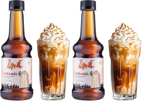 Image of Zone Caramel Syrup 300ml | Premium Caramel Flavour for Coffee, Lattes, Milkshakes, Mochas, Mocktails & Cocktails | Non Alcoholic Mix, Cafe Style Taste for HoReCa & Home Use | 12+ Flavours (Pack of 2)